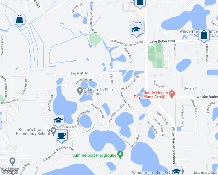 map of restaurants, bars, coffee shops, grocery stores, and more near 13924 Ivory Gardenia Avenue in Windermere