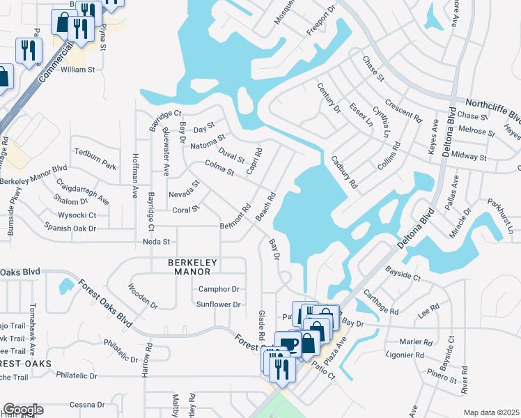 map of restaurants, bars, coffee shops, grocery stores, and more near 8525 Beach Road in Spring Hill