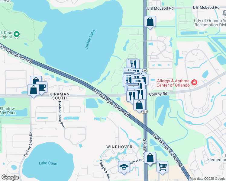 map of restaurants, bars, coffee shops, grocery stores, and more near 6025 Oakshadow Street in Orlando