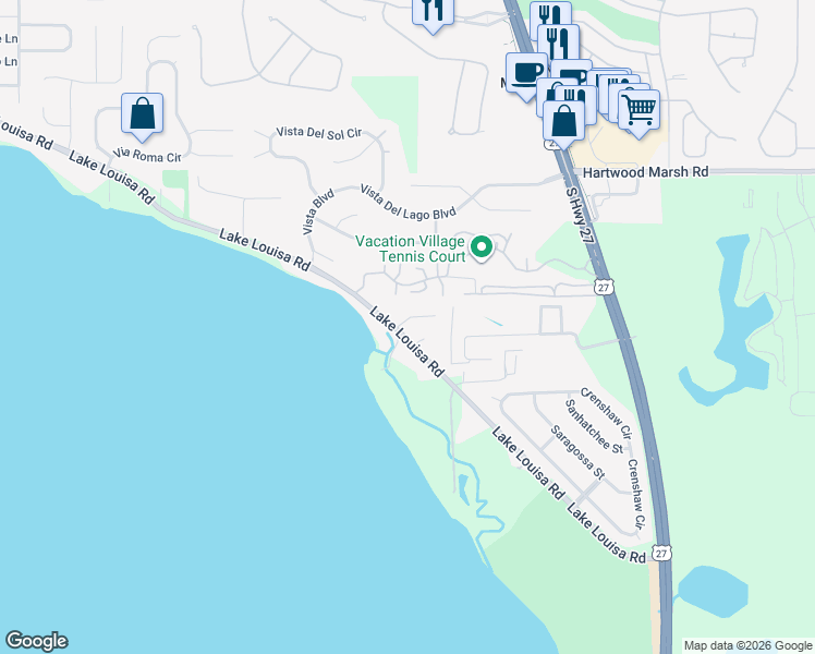 map of restaurants, bars, coffee shops, grocery stores, and more near 13844 Louisa Court in Clermont