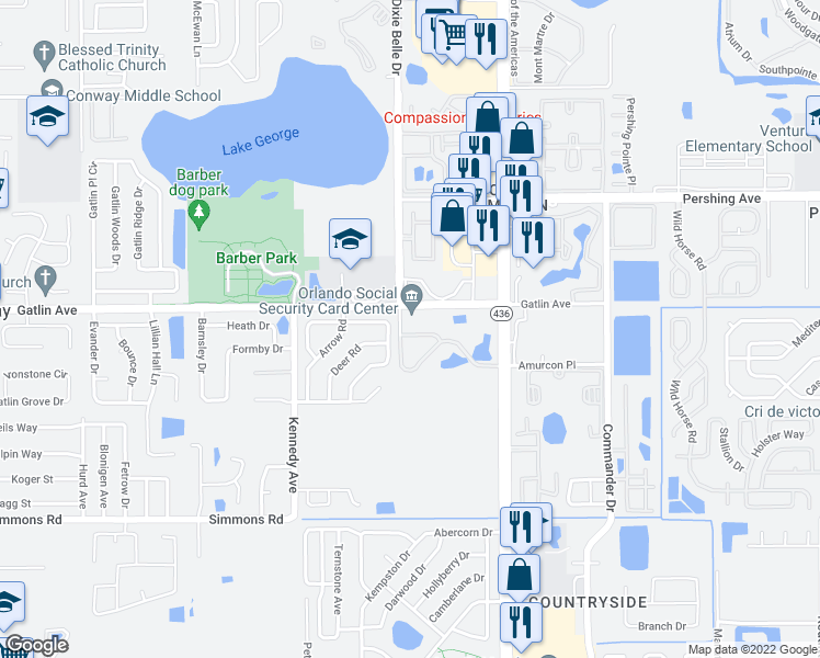 map of restaurants, bars, coffee shops, grocery stores, and more near 4846 South Semoran Boulevard in Orlando