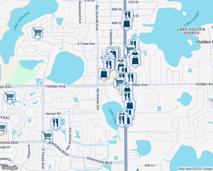 map of restaurants, bars, coffee shops, grocery stores, and more near 1350 Holden Avenue in Orlando