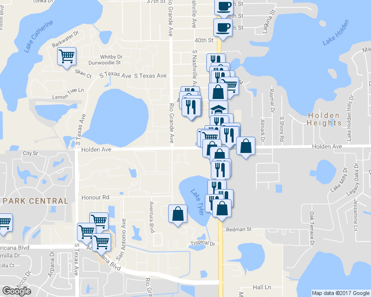 map of restaurants, bars, coffee shops, grocery stores, and more near 1448 Holden Avenue in Orlando