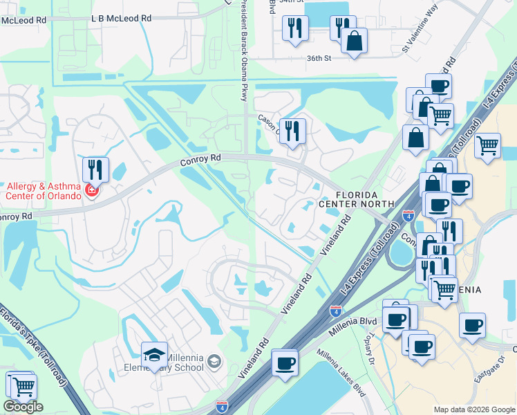 map of restaurants, bars, coffee shops, grocery stores, and more near Shingle Creek Trail in Orlando