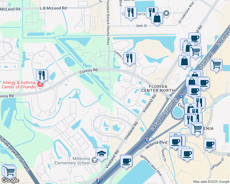 map of restaurants, bars, coffee shops, grocery stores, and more near 4678 Sussex Terrace in Orlando
