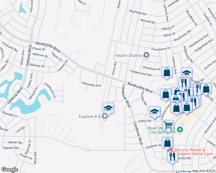 map of restaurants, bars, coffee shops, grocery stores, and more near 4345 Azora Road in Spring Hill