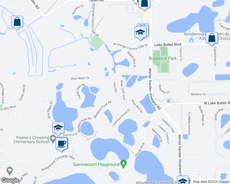 map of restaurants, bars, coffee shops, grocery stores, and more near 13906 Ivory Gardenia Avenue in Windermere