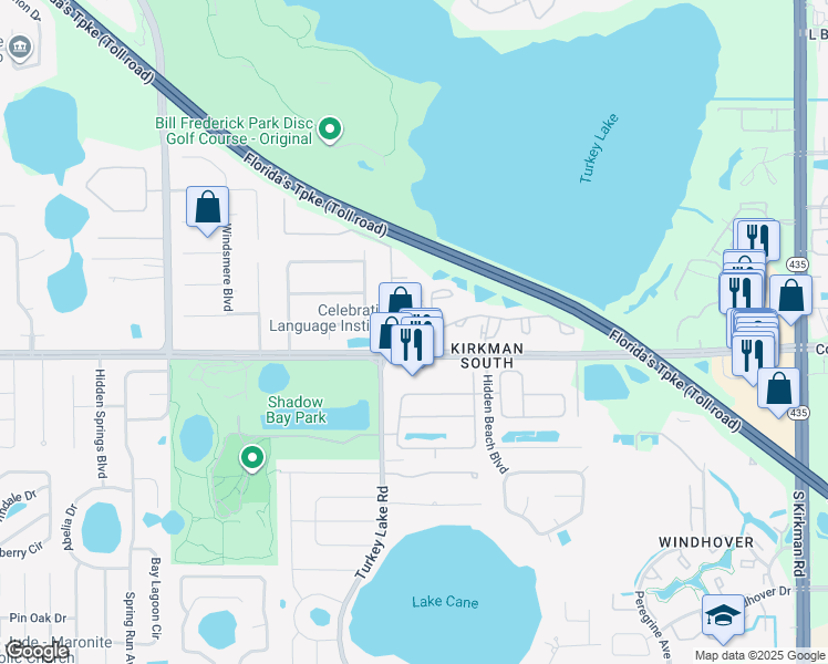 map of restaurants, bars, coffee shops, grocery stores, and more near 6735 Conroy Windermere Road in Orlando