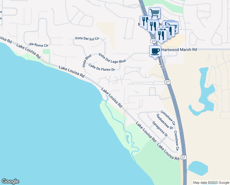 map of restaurants, bars, coffee shops, grocery stores, and more near 13910 Louisa Court in Clermont