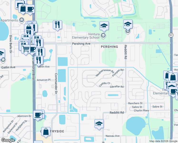 map of restaurants, bars, coffee shops, grocery stores, and more near 6631 Gibraltar Road in Orlando