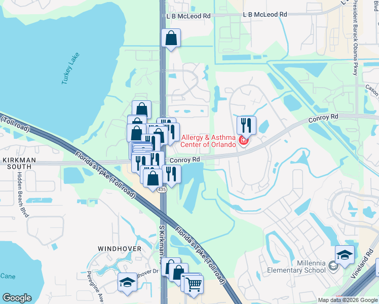 map of restaurants, bars, coffee shops, grocery stores, and more near 5550 Conroy Road in Orlando