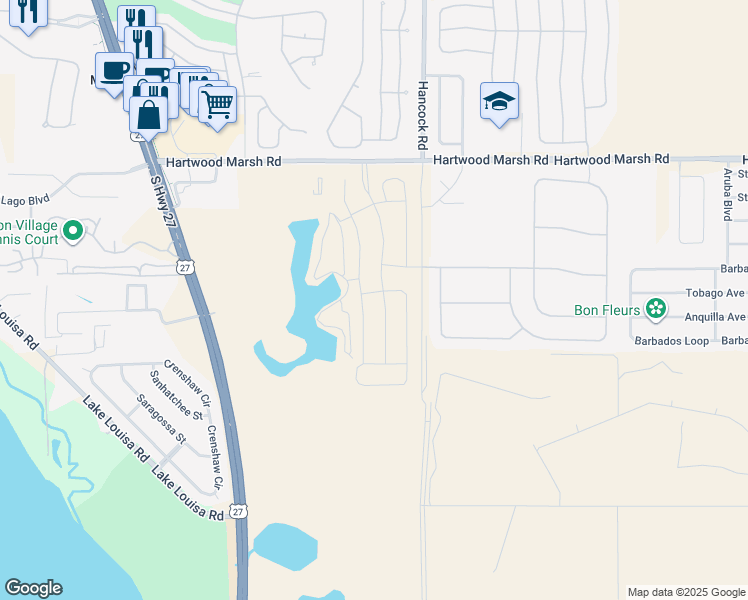 map of restaurants, bars, coffee shops, grocery stores, and more near 4528 Barrister Drive in Clermont