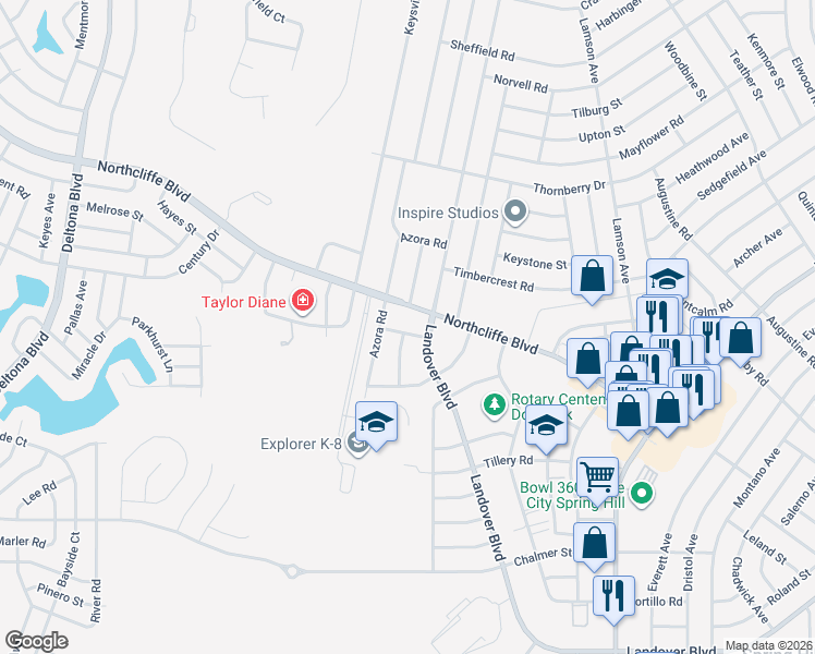 map of restaurants, bars, coffee shops, grocery stores, and more near 2598 Landover Boulevard in Spring Hill