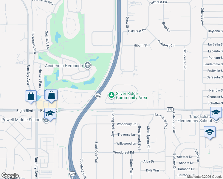 map of restaurants, bars, coffee shops, grocery stores, and more near 15663 Durango Circle in Brooksville