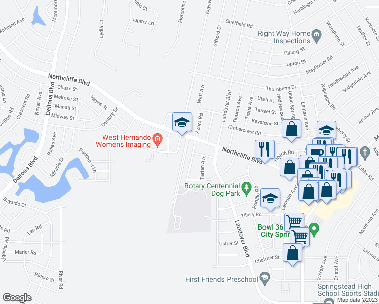 map of restaurants, bars, coffee shops, grocery stores, and more near 4353 Azora Road in Spring Hill