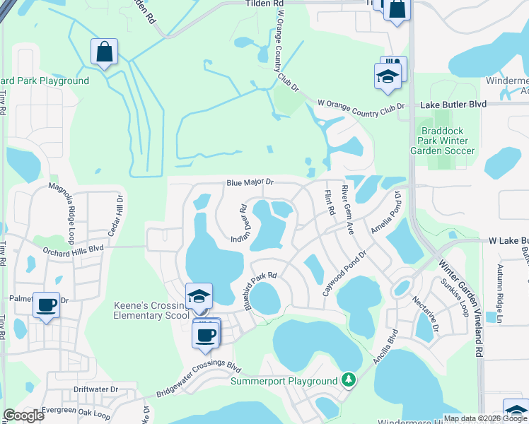map of restaurants, bars, coffee shops, grocery stores, and more near 4666 Indian Deer Road in Windermere
