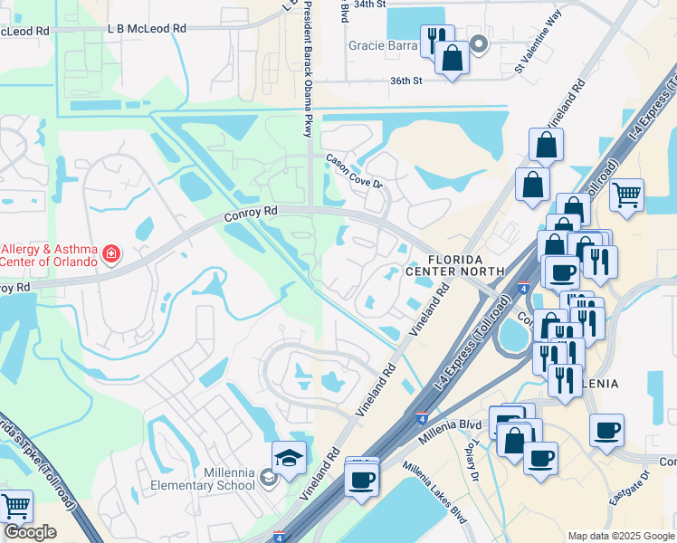 map of restaurants, bars, coffee shops, grocery stores, and more near 4678 Sussex Terrace in Orlando