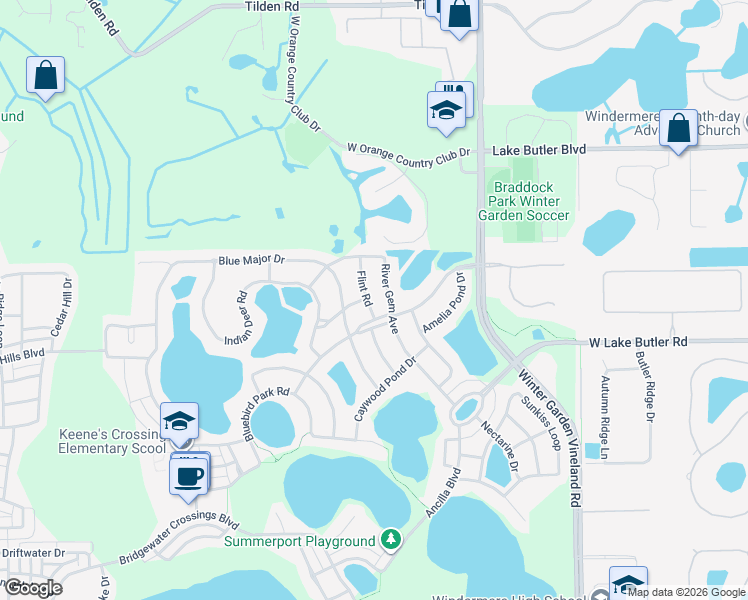 map of restaurants, bars, coffee shops, grocery stores, and more near 4913 Flint Road in Windermere