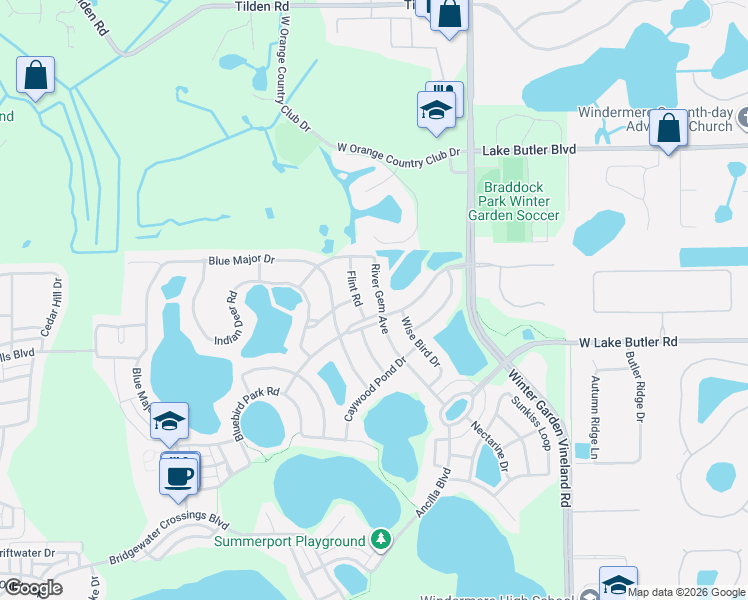 map of restaurants, bars, coffee shops, grocery stores, and more near 4902 River Gem Avenue in Windermere