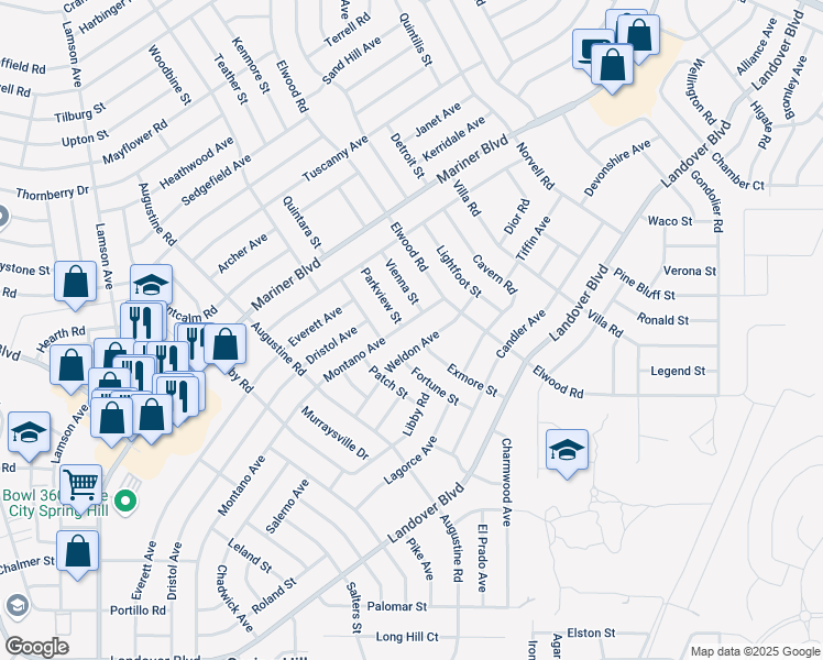 map of restaurants, bars, coffee shops, grocery stores, and more near 4221 Weldon Avenue in Spring Hill
