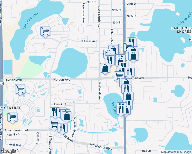 map of restaurants, bars, coffee shops, grocery stores, and more near 1605 Holden Avenue in Orlando