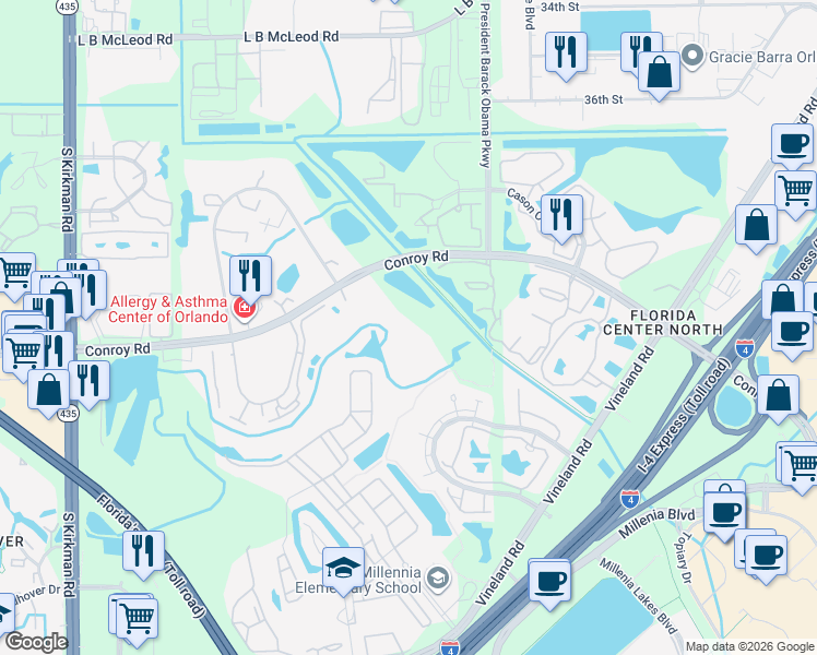 map of restaurants, bars, coffee shops, grocery stores, and more near 5132 Conroy Road in Orlando
