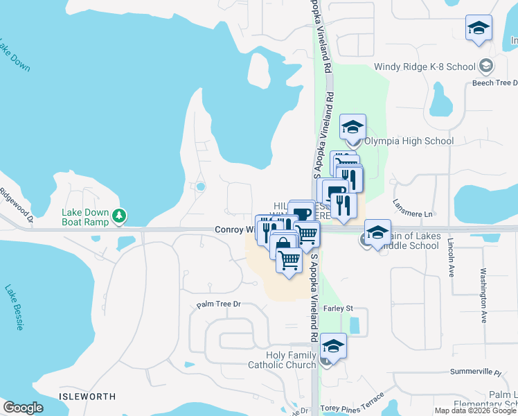 map of restaurants, bars, coffee shops, grocery stores, and more near 7025 Horizon Circle in Windermere