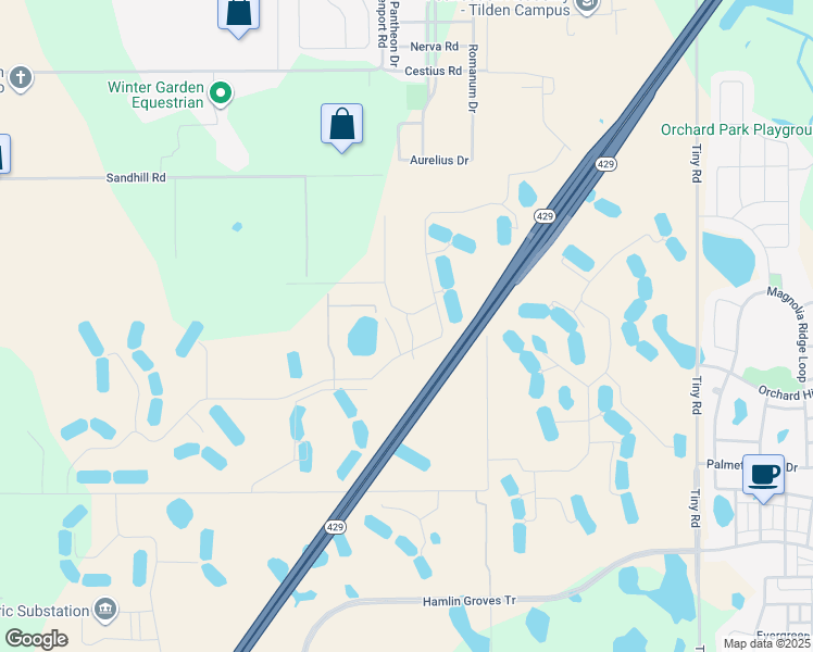 map of restaurants, bars, coffee shops, grocery stores, and more near 15124 Havencrest Circle in Winter Garden