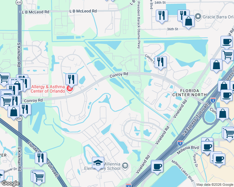 map of restaurants, bars, coffee shops, grocery stores, and more near 5132 Conroy Road in Orlando