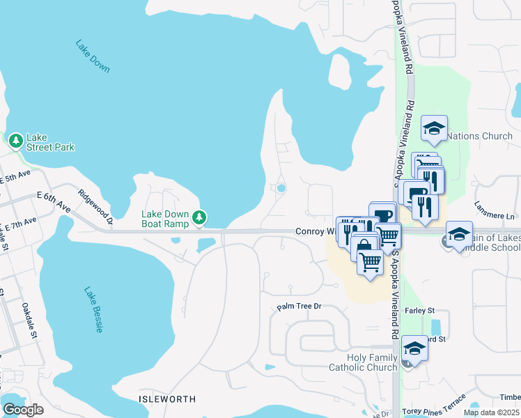 map of restaurants, bars, coffee shops, grocery stores, and more near 5070 Down Point Lane in Windermere
