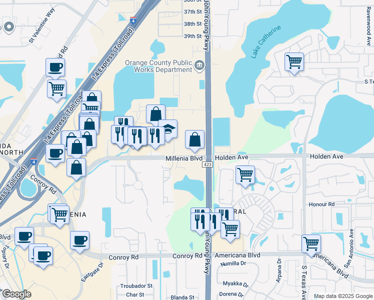 map of restaurants, bars, coffee shops, grocery stores, and more near 3500 Millenia Boulevard in Orlando