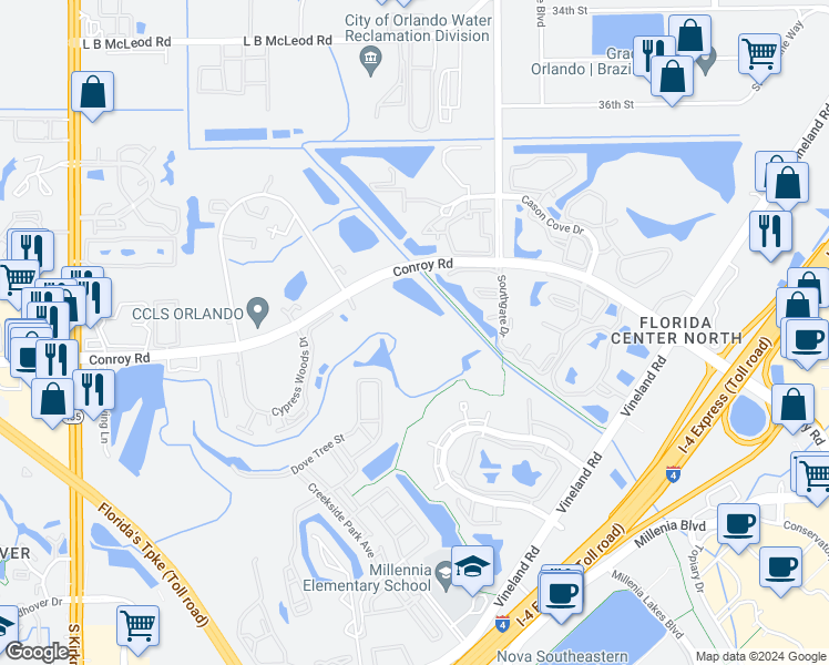 map of restaurants, bars, coffee shops, grocery stores, and more near 5120 Conroy Road in Orlando