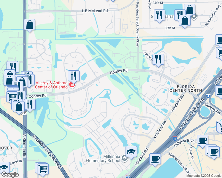 map of restaurants, bars, coffee shops, grocery stores, and more near 5112 Conroy Road in Orlando