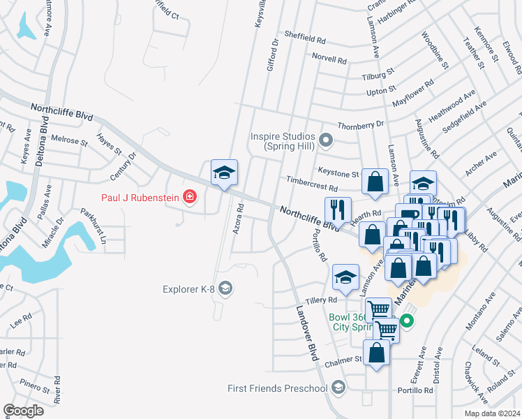 map of restaurants, bars, coffee shops, grocery stores, and more near 2548 Landover Boulevard in Spring Hill