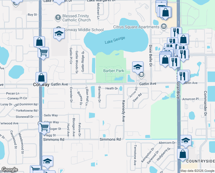 map of restaurants, bars, coffee shops, grocery stores, and more near 5135 Heath Drive in Orlando