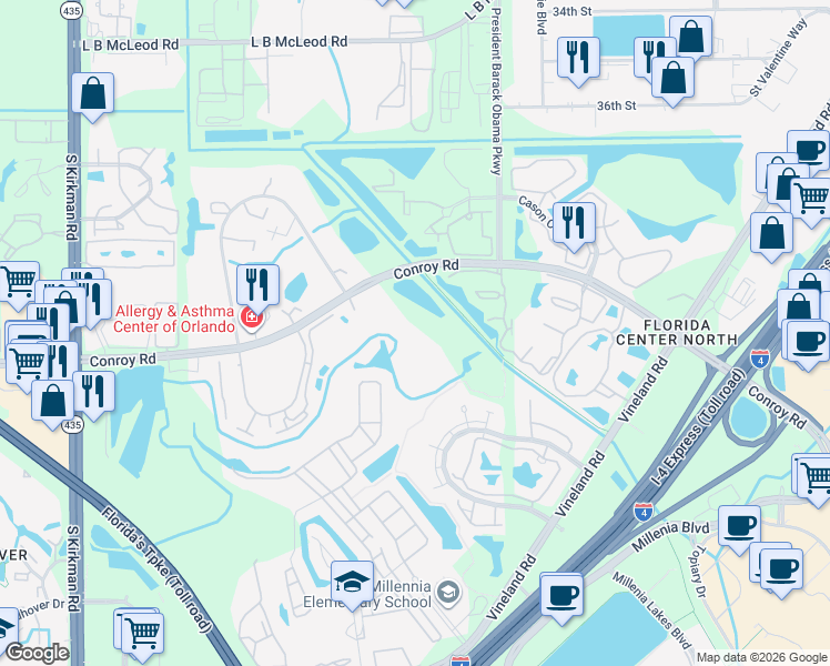 map of restaurants, bars, coffee shops, grocery stores, and more near 5120 Conroy Road in Orlando