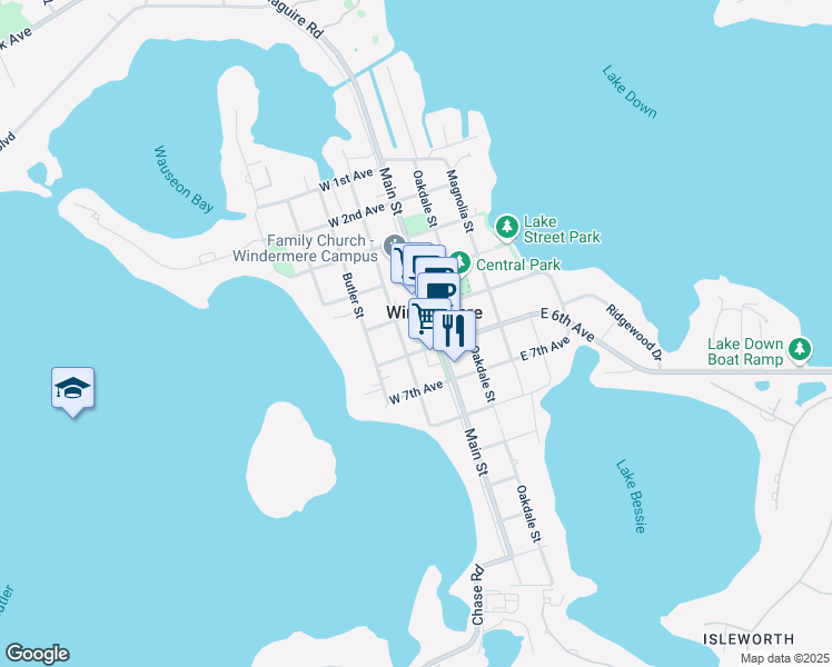 map of restaurants, bars, coffee shops, grocery stores, and more near 520 Main Street in Windermere