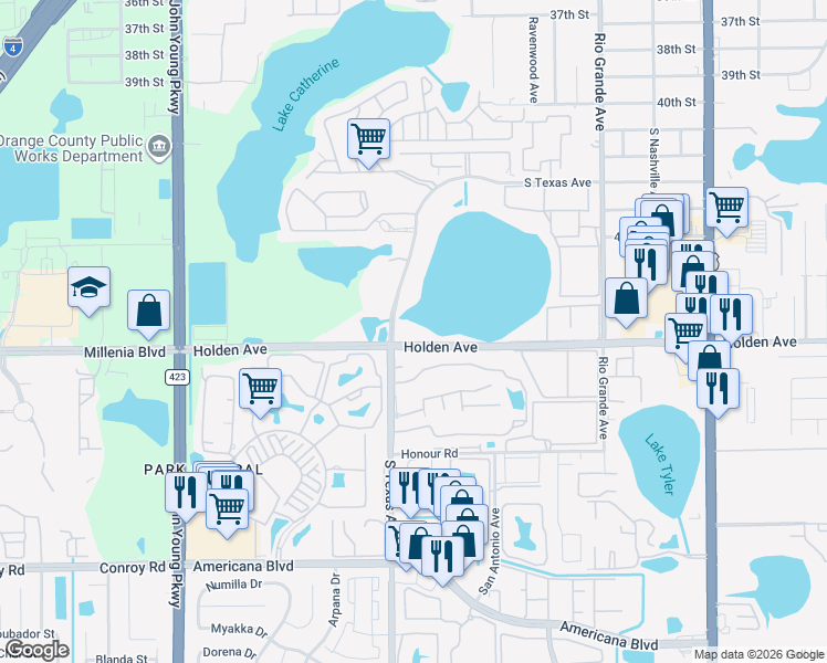 map of restaurants, bars, coffee shops, grocery stores, and more near 2225 Holden Avenue in Orlando