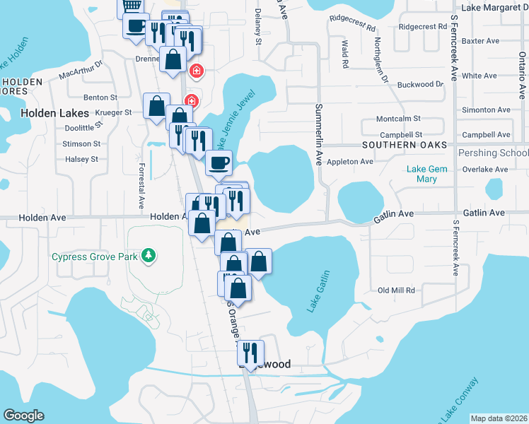map of restaurants, bars, coffee shops, grocery stores, and more near 4634 Oak Cove Lane in Orlando