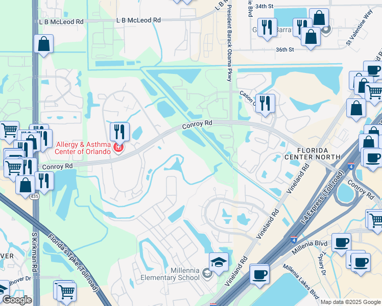 map of restaurants, bars, coffee shops, grocery stores, and more near 5120 Conroy Road in Orlando