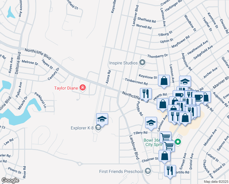 map of restaurants, bars, coffee shops, grocery stores, and more near 2548 Landover Boulevard in Spring Hill