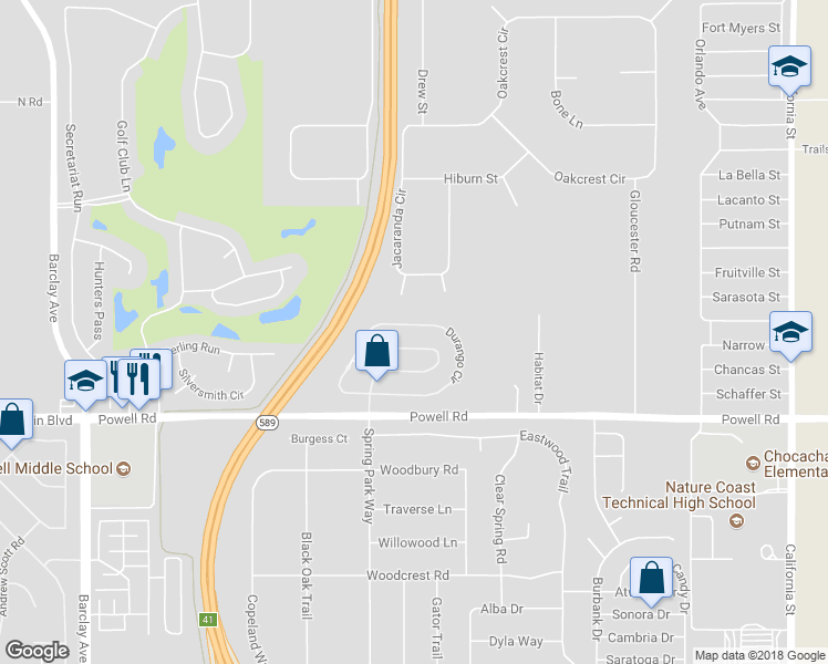 map of restaurants, bars, coffee shops, grocery stores, and more near 15525 Durango Circle in Brooksville
