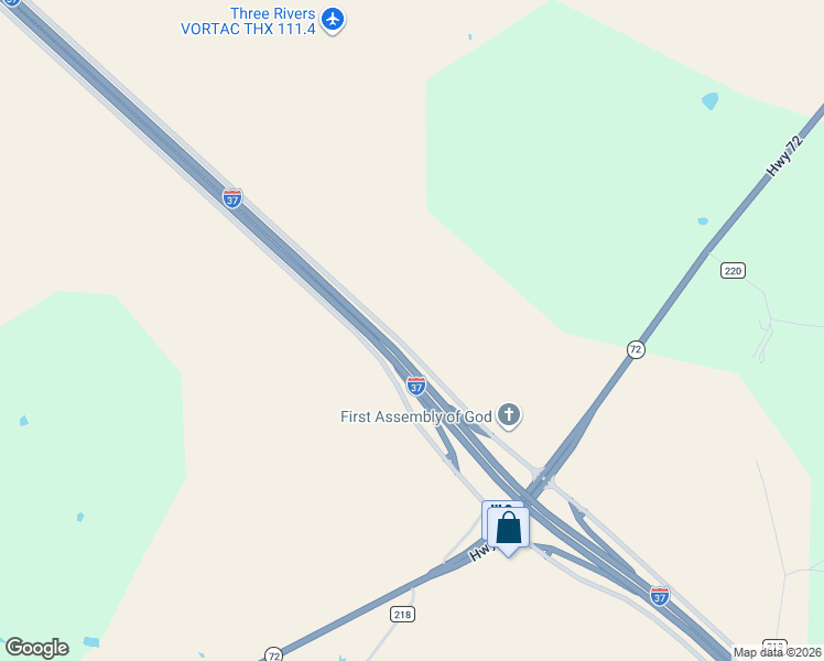 map of restaurants, bars, coffee shops, grocery stores, and more near 3080 Interstate 37 in Three Rivers