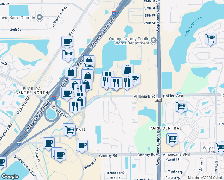map of restaurants, bars, coffee shops, grocery stores, and more near 5301 Gardens Park Boulevard in Orlando