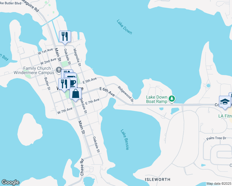 map of restaurants, bars, coffee shops, grocery stores, and more near 105 Lee Street in Windermere