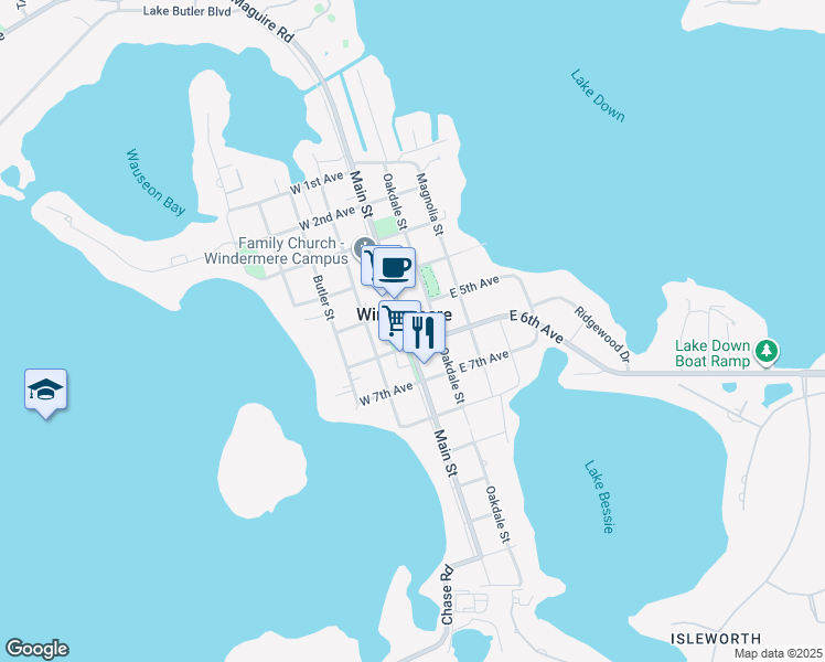 map of restaurants, bars, coffee shops, grocery stores, and more near 523 Main Street in Windermere