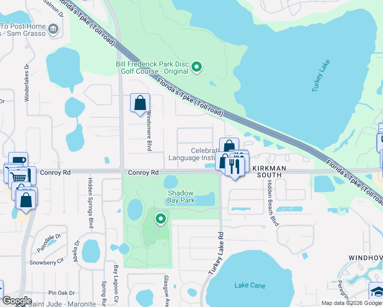 map of restaurants, bars, coffee shops, grocery stores, and more near 7141 Wooded Village Lane in Orlando