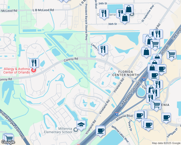 map of restaurants, bars, coffee shops, grocery stores, and more near 4801 Brighton Terrace in Orlando