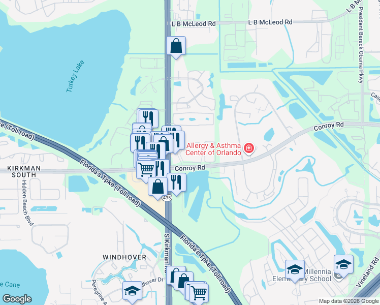 map of restaurants, bars, coffee shops, grocery stores, and more near 4607 South Kirkman Road in Orlando