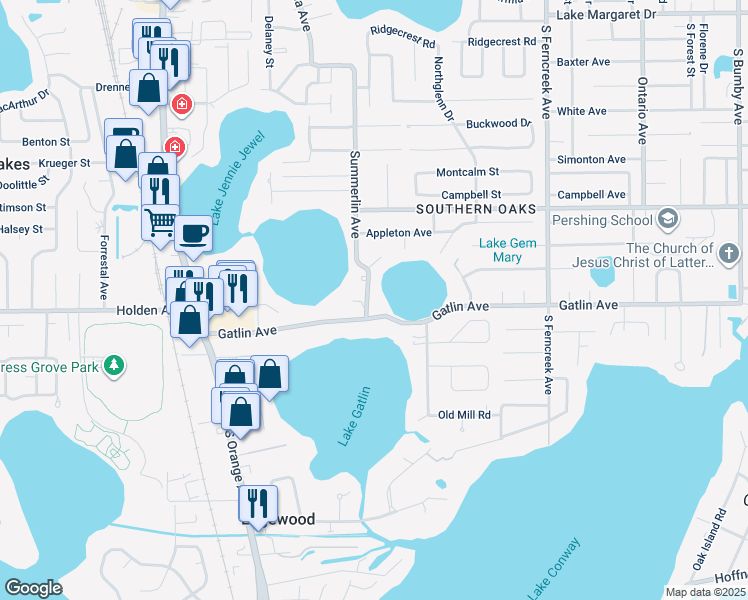 map of restaurants, bars, coffee shops, grocery stores, and more near 3909 Summerlin Avenue in Orlando